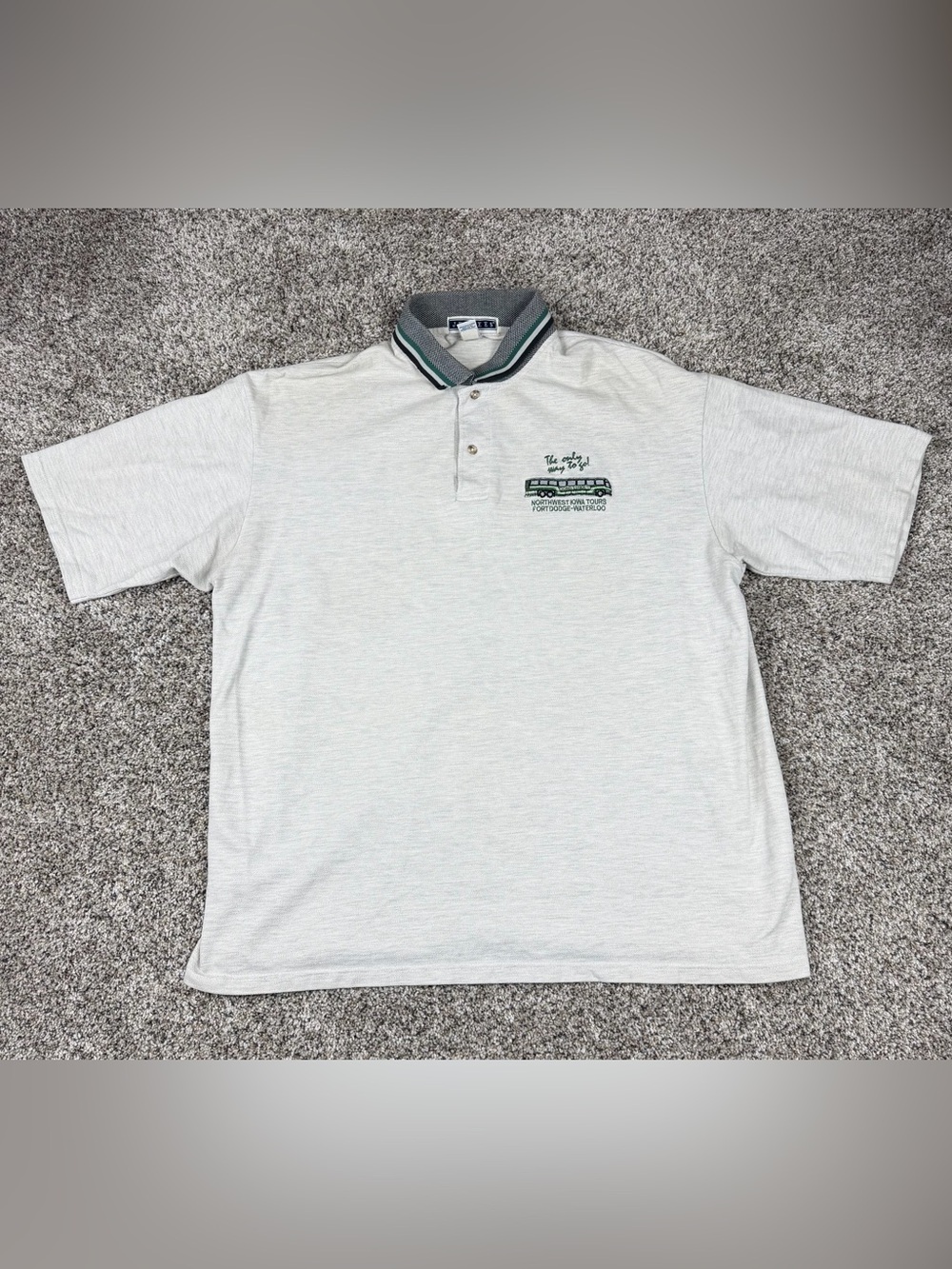 Vintage 90s Sz XL Men’s Jerzees Iowa Bus Tours Embroidered Polo Shirt Grey